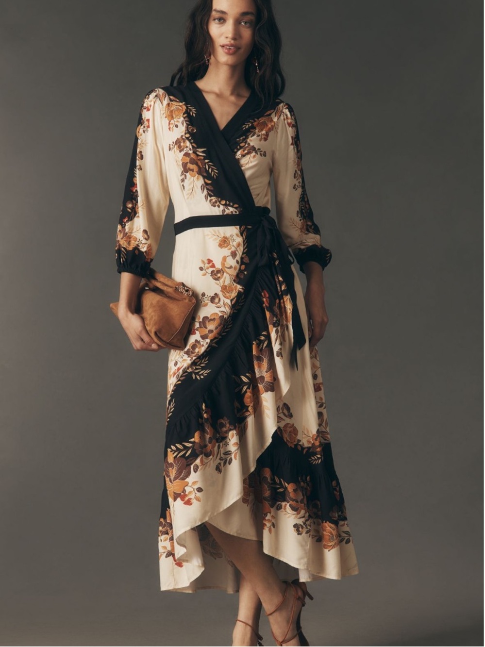 New FARM Rio Long Sleeve Floral Wrap Midi Dress